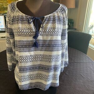 Forever 21 White and Navy Tassel Peasant Blouse